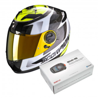 Full Face Scorpion Exo 490 Tour White Neon Yellow + Kit Bluetooth Sena SMH5 Solo
