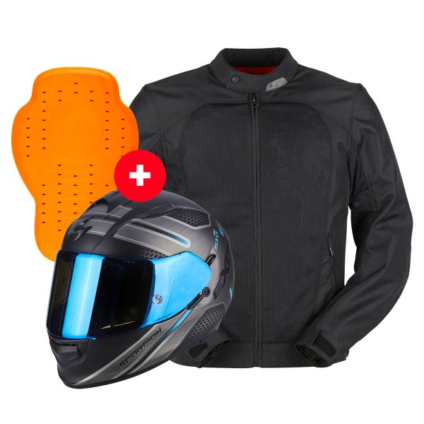 Full Face Scorpion Exo 510 Air Route Matt Black Blue + Genesis Mistral Evo 2 + Dorsale D3O