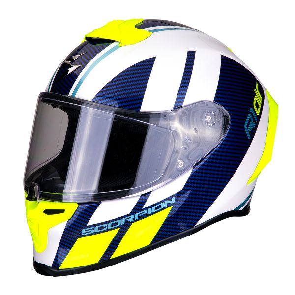 Full Face Scorpion Exo R1 Air Corpus White Blue Yellow Neon