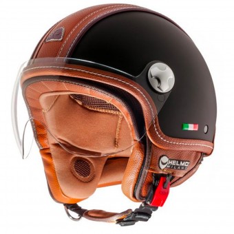 Casque Open Face Helmo Pelledura Black Matt Leather Brown Casque Open Face Helmo Pelledura Black Matt Leather Brown