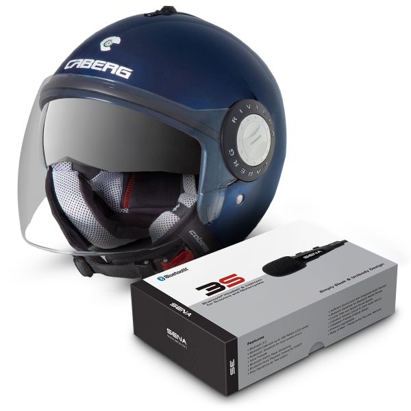 Open Face Caberg Riviera V2+ Blue Midnight + Bluetooth Kit Sena 3s
