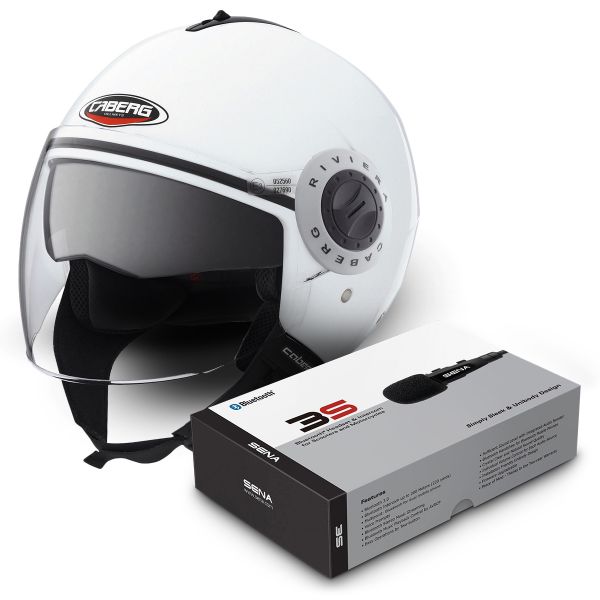 Open Face Caberg Riviera V2+ Metal White + Sena 3S Bluetooth Kit