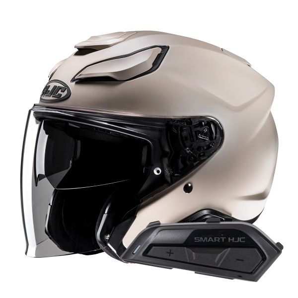 Open Face HJC F31 Semi Flat Sand Beige + Kit Bluetooth Smart 21B Flat Black