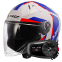 Casque Open Face LS2 Infinity II Focus White Blue Red OF603 + Kit Bluetooth 5S Solo