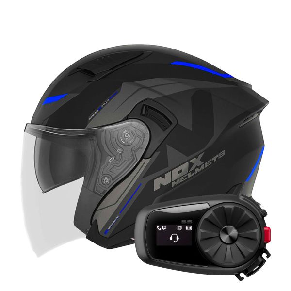Open Face NOX N130 Klint Matt Black Blue + Kit Bluetooth 5S Solo