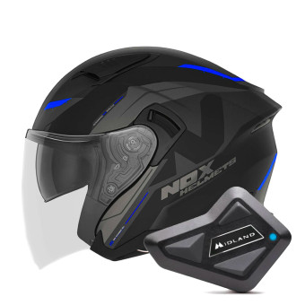Open Face NOX N130 Klint Matt Black Blue + Kit Bluetooth BT Mini