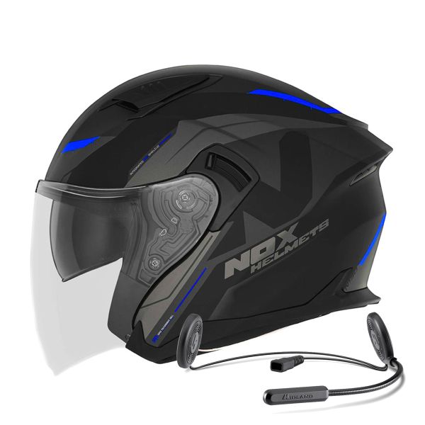 Open Face NOX N130 Klint Matt Black Blue + Kit Bluetooth Lokui K10