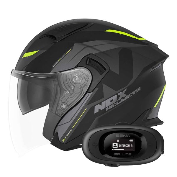 Open Face NOX N130 Klint Matt Black Neon Yellow + Kit bluetooth 5R Lite Solo