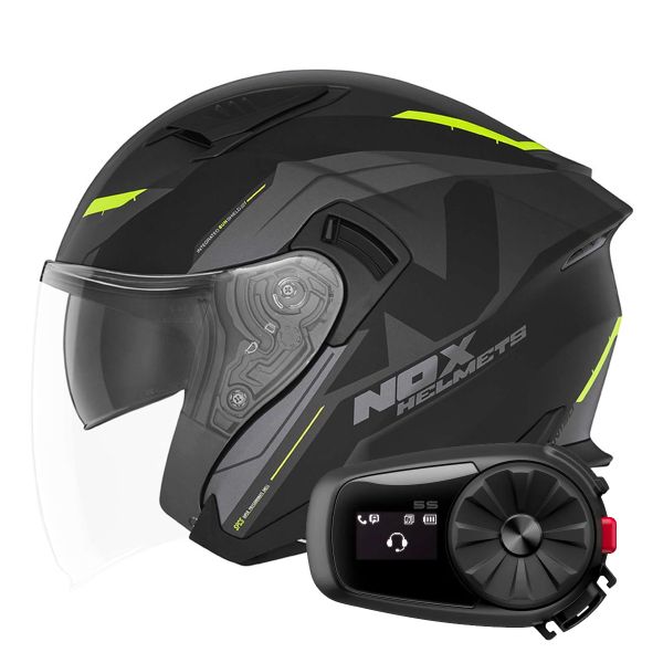 Open Face NOX N130 Klint Matt Black Neon Yellow + Kit Bluetooth 5S Solo