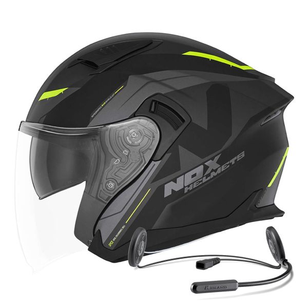 Open Face NOX N130 Klint Matt Black Neon Yellow + Kit Bluetooth Lokui K10