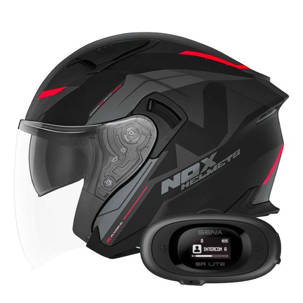 Open Face NOX N130 Klint Matt Black Red + Kit bluetooth 5R Lite Solo