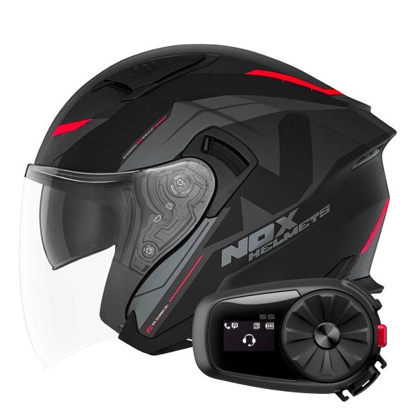 Open Face NOX N130 Klint Matt Black Red + Kit Bluetooth 5S Solo