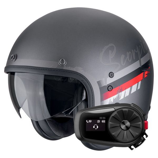 Open Face Scorpion Belfast Evo Adonis Silver Mat Red + Kit Bluetooth 5S Solo