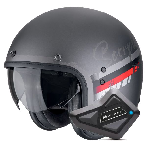 Open Face Scorpion Belfast Evo Adonis Silver Mat Red + Kit Bluetooth BT Mini Open Face Scorpion Belfast Evo Adonis Silver Mat Red + Kit Bluetooth BT Mini