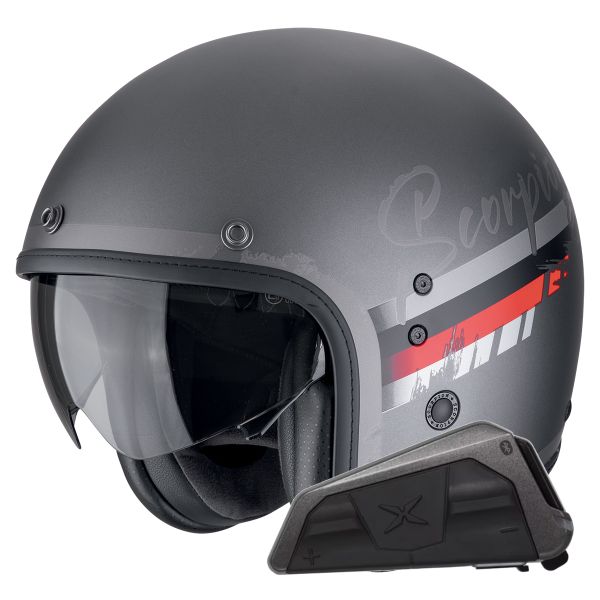 Open Face Scorpion Belfast Evo Adonis Silver Mat Red + Exo-Com Link-1 Bluetooth kit Open Face Scorpion Belfast Evo Adonis Silver Mat Red + Exo-Com Link-1 Bluetooth kit