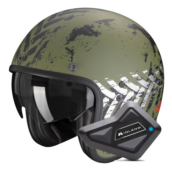 Open Face Scorpion Belfast Evo Nevada Matt Green Silver + Kit Bluetooth BT Mini