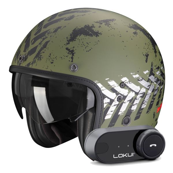 Open Face Scorpion Belfast Evo Nevada Matt Green Silver + Kit Bluetooth Lokui K30