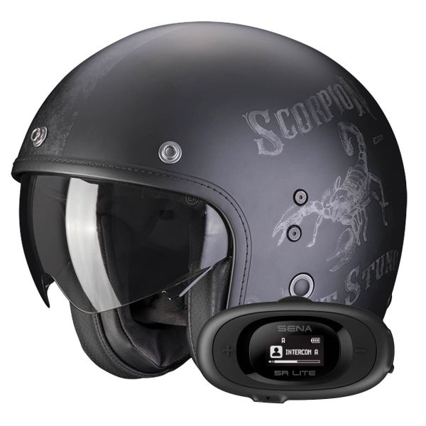 Open Face Scorpion Belfast Evo Pique Matt Black Silver + Kit bluetooth 5R Lite