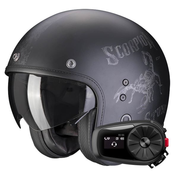 Open Face Scorpion Belfast Evo Pique Matt Black Silver + Kit Bluetooth 5S Solo