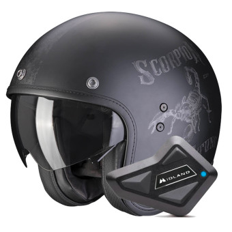 Open Face Scorpion Belfast Evo Pique Matt Black Silver + Kit Bluetooth BT Mini