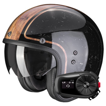 Open Face Scorpion Belfast Evo Retrol Black Brown + Kit Bluetooth 5S Solo