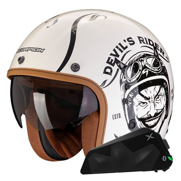 Open Face Scorpion Belfast Evo Romeo Cream Black + Exo-Com Link-1C Bluetooth Kit