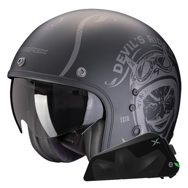 Open Face Scorpion Belfast Evo Romeo Matt Black Silver + Exo-Com Link-1C Bluetooth Kit