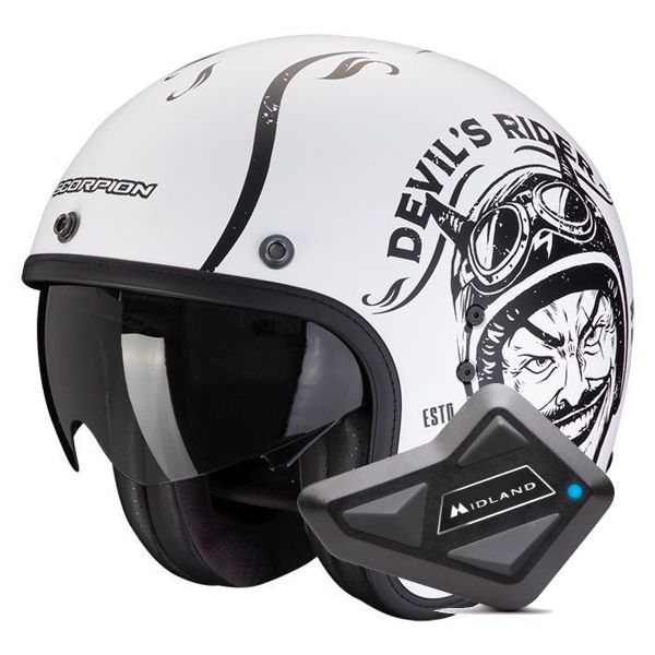 Open Face Scorpion Belfast Evo Romeo Matt White Black + Kit Bluetooth BT Mini