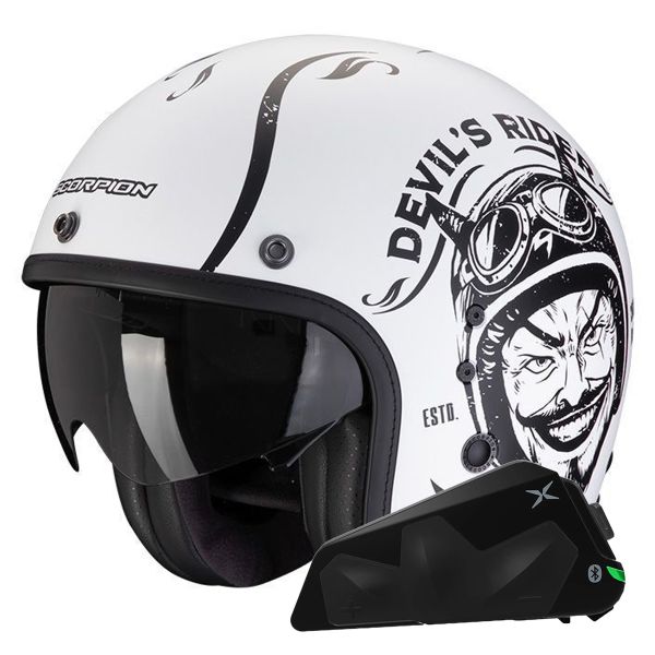 Open Face Scorpion Belfast Evo Romeo Matt White Black + Exo-Com Link-1C Bluetooth Kit
