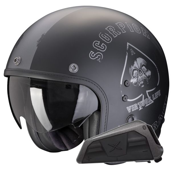 Open Face Scorpion Belfast Evo Spade Matt Black Silver + Exo-Com Link-1 Bluetooth Kit Open Face Scorpion Belfast Evo Spade Matt Black Silver + Exo-Com Link-1 Bluetooth Kit