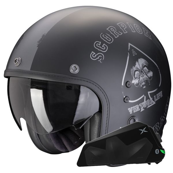 Open Face Scorpion Belfast Evo Spade Matt Black Silver + Exo-Com Link-1C Bluetooth Kit Open Face Scorpion Belfast Evo Spade Matt Black Silver + Exo-Com Link-1C Bluetooth Kit
