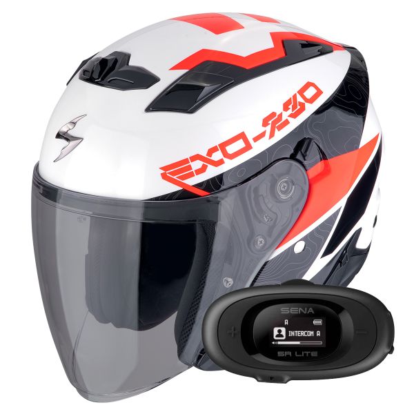 Open Face Scorpion Exo 230 Band Matt Black Red Silver + Kit bluetooth 5R Lite