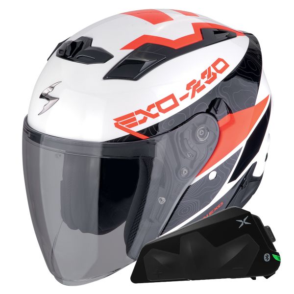 Open Face Scorpion Exo 230 Band Matt Black Red Silver + Exo-Com Link-1C Bluetooth Kit