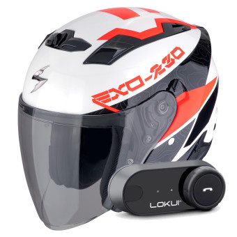 Open Face Scorpion Exo 230 Band Matt Black Red Silver + Kit Bluetooth Lokui K30