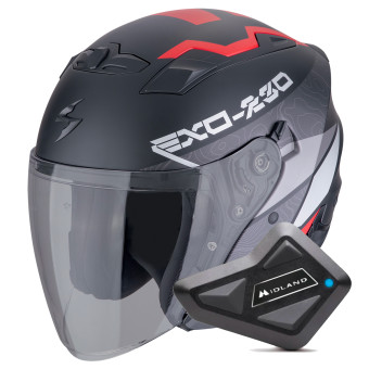 Casque Open Face Scorpion Exo 230 Band White Black Red + Kit Bluetooth BT Mini Casque Open Face Scorpion Exo 230 Band White Black Red + Kit Bluetooth BT Mini