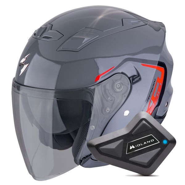 Open Face Scorpion Exo 230 Cit-E Grey Red + Kit Bluetooth BT Mini