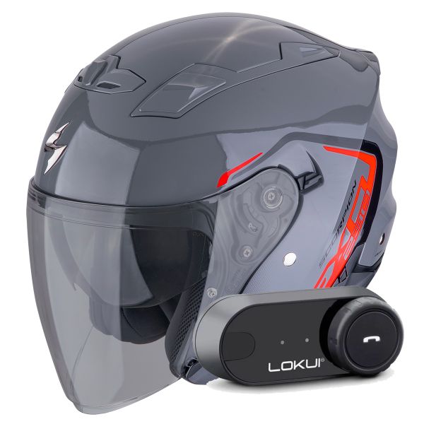 Open Face Scorpion Exo 230 Cit-E Grey Red + Kit Bluetooth Lokui K30