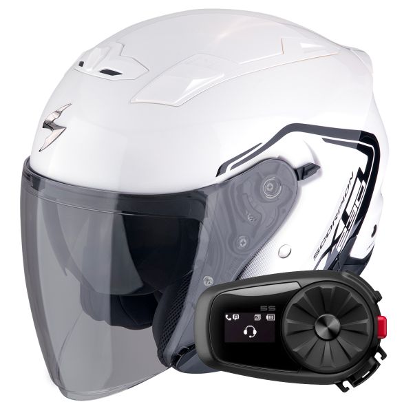 Open Face Scorpion Exo 230 Cit-E White Black + Kit Bluetooth 5S Solo