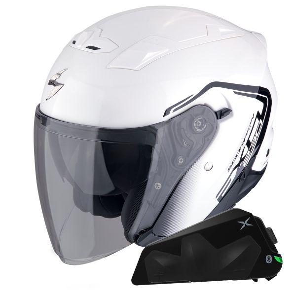 Open Face Scorpion Exo 230 Cit-E White Black + Exo-Com Link-1C Bluetooth Kit