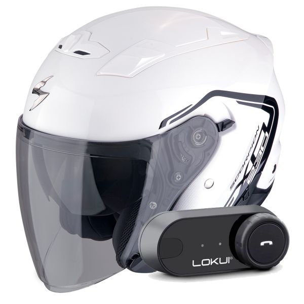 Open Face Scorpion Exo 230 Cit-E White Black + Kit Bluetooth Lokui K30