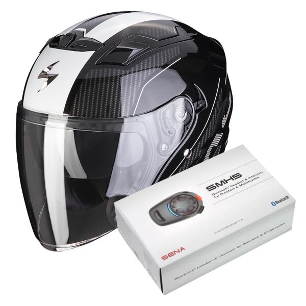 Open Face Scorpion Exo 230 Condor Black White + Kit Bluetooth SMH5