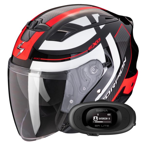 Open Face Scorpion Exo 230 Pul Black Red + Kit bluetooth 5R Lite Solo