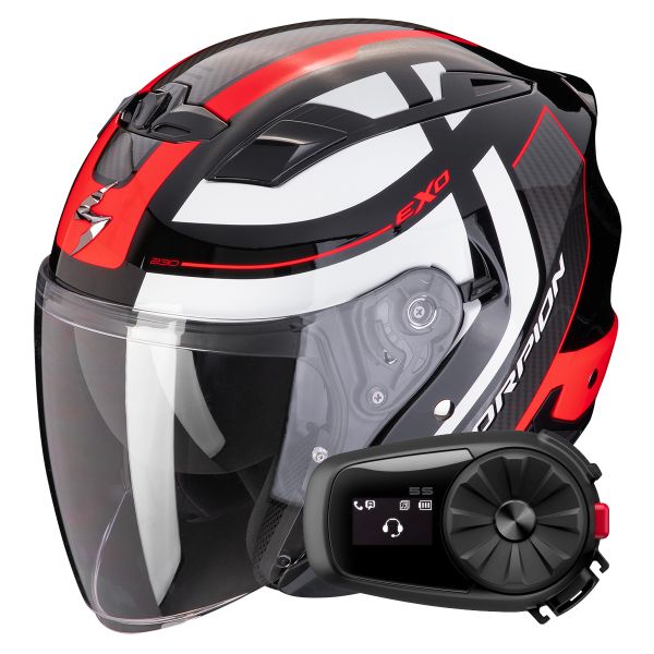 Open Face Scorpion Exo 230 Pul Black Red + Kit Bluetooth 5S Solo