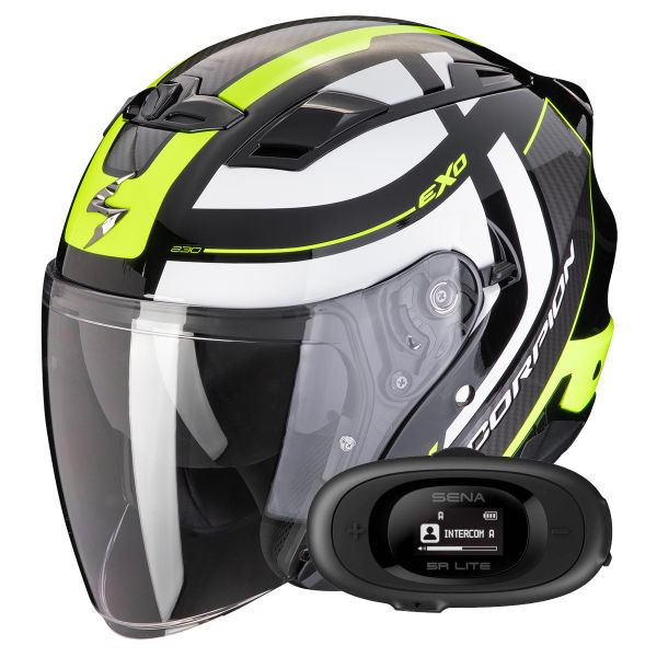Open Face Scorpion Exo 230 Pul Black Yellow Fluo + Kit bluetooth 5R Lite Solo