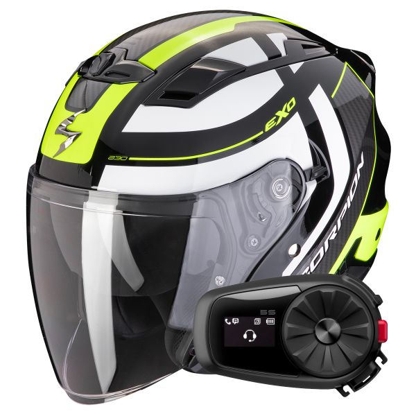 Open Face Scorpion Exo 230 Pul Black Yellow Fluo + Kit Bluetooth 5S Solo