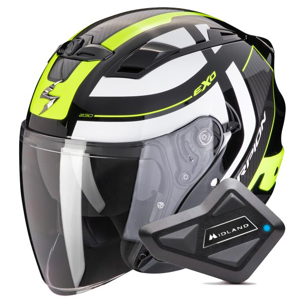 Open Face Scorpion Exo 230 Pul Black Yellow Fluo + Kit Bluetooth BT Mini