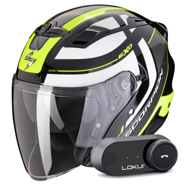 Open Face Scorpion Exo 230 Pul Black Yellow Fluo + Kit Bluetooth Lokui K30
