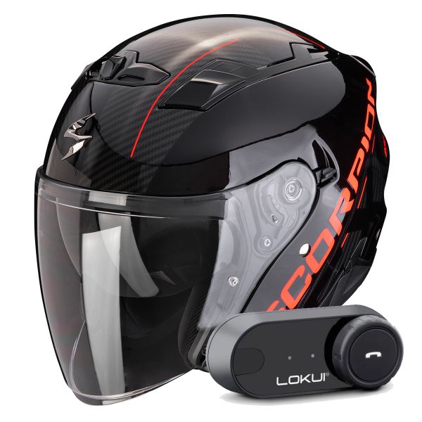 Open Face Scorpion Exo 230 QR Black Red + Kit Bluetooth Lokui K30