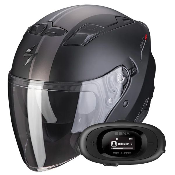 Open Face Scorpion Exo 230 SR Black Matt Silver Red + Kit bluetooth 5R Lite