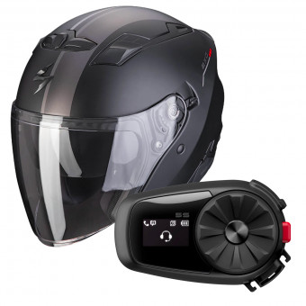 Open Face Scorpion Exo 230 SR Black Matt Silver Red + Kit Bluetooth 5S Solo